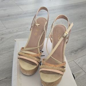 Aldo Metallic Gold and Tan Strappy Cork Wedges